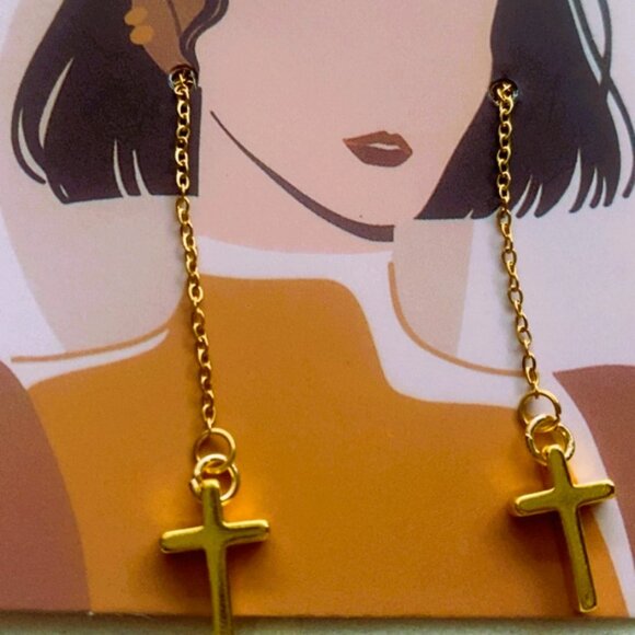 Gold Cross Threader Earrings - Picture 2 of 4